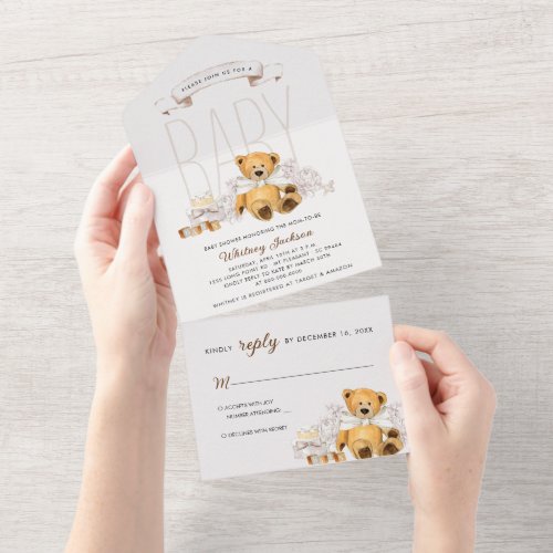WE CAN BEARLY WAIT Gender Neutral Bear Baby Shower All In One Invitation