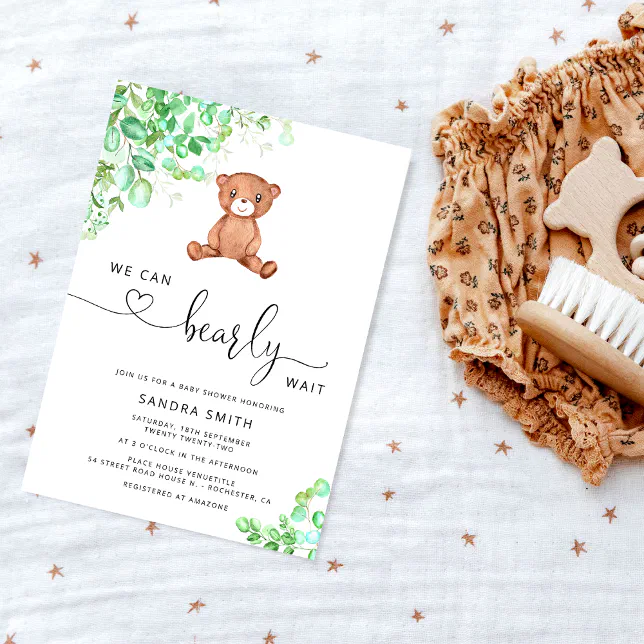 We can bearly wait gender neutral bear baby shower invitation | Zazzle