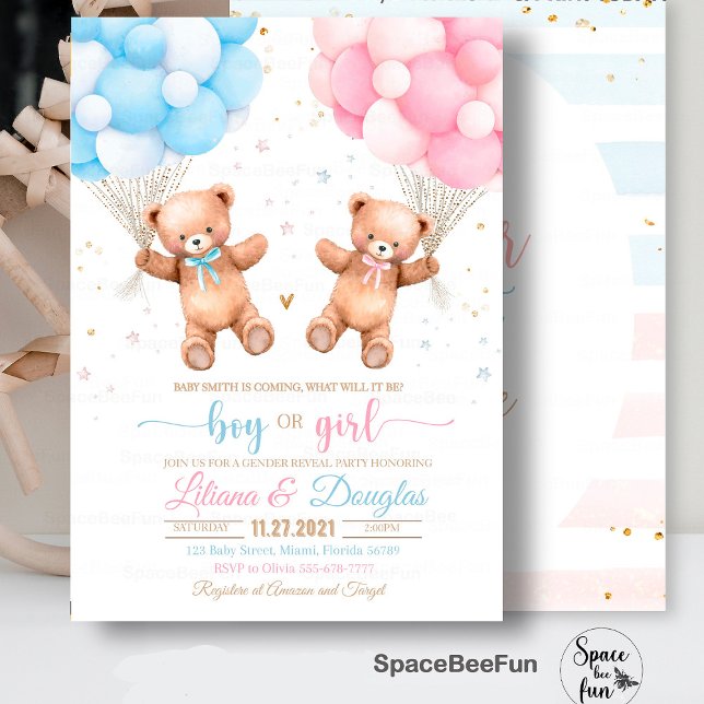 We can bearly wait Gender Reveal baby shower invit Invitation (Gender Reveal baby shower invitation,Teddy Bear baby shower girl,Baby Shower bear invitation,boho bo)