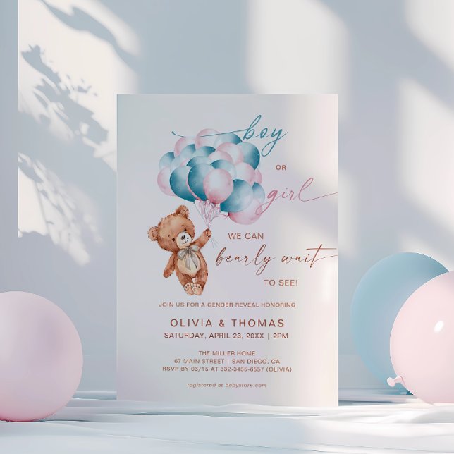 We Can Bearly Wait Gender Reveal Bear Balloon Invitation (Creator Uploaded)
