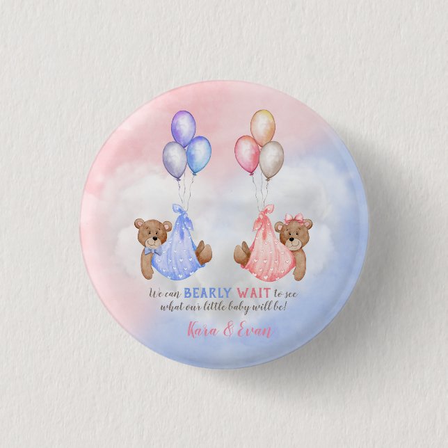 We Can Bearly Wait Gender Reveal Bears Pink Blue Button (Front)