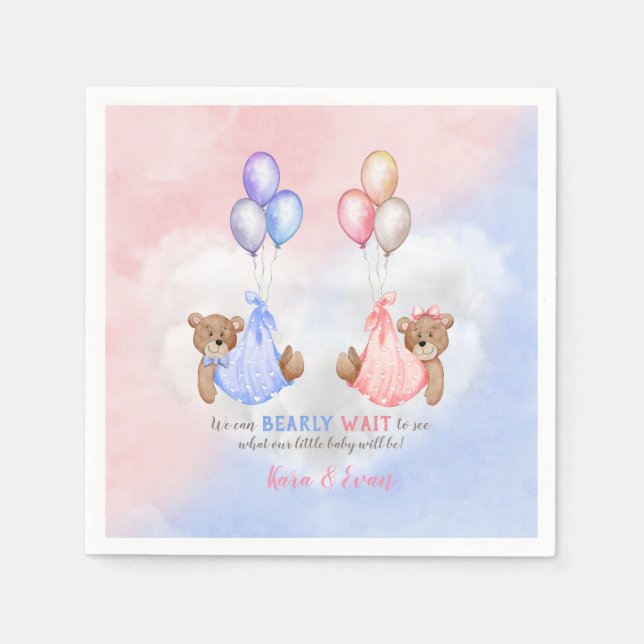 We Can Bearly Wait Gender Reveal Bears Pink Blue Napkins (Front)
