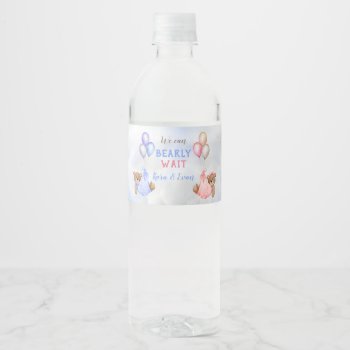 We Can Bearly Wait Gender Reveal Bears Pink Blue Water Bottle Label by nawnibelles at Zazzle
