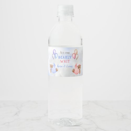 We Can Bearly Wait Gender Reveal Bears Pink Blue Water Bottle Label