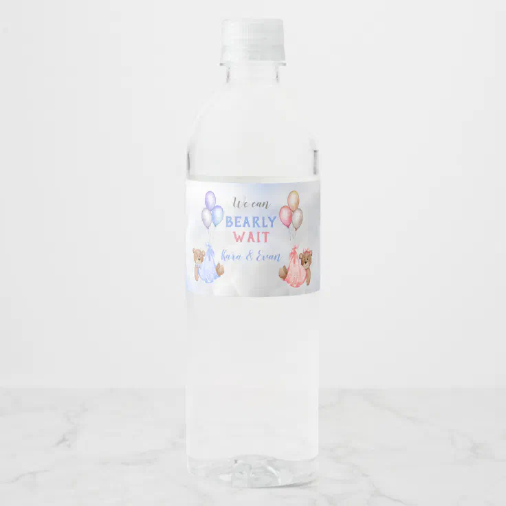 We Can Bearly Wait Gender Reveal Bears Pink Blue Water Bottle Label | Zazzle
