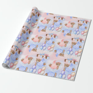 We Can Bearly Wait Gender Reveal Bears Pink Blue Wrapping Paper