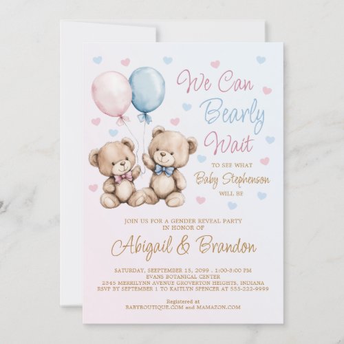 We Can Bearly Wait Gender Reveal Pink Blue Invitation