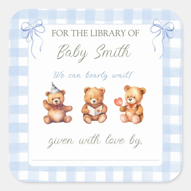We Can Bearly Wait Gingham Baby Shower Book Plate (Front)