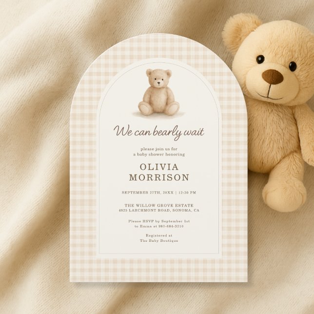 We Can Bearly Wait Gingham Baby Shower Invitation (Creator Uploaded)