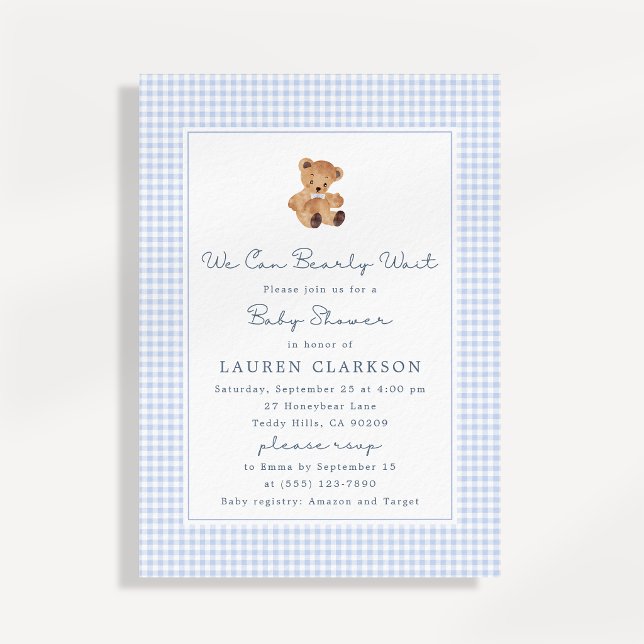 We Can Bearly Wait Gingham Teddy Bear Baby Shower  Announcement (Creator Uploaded)