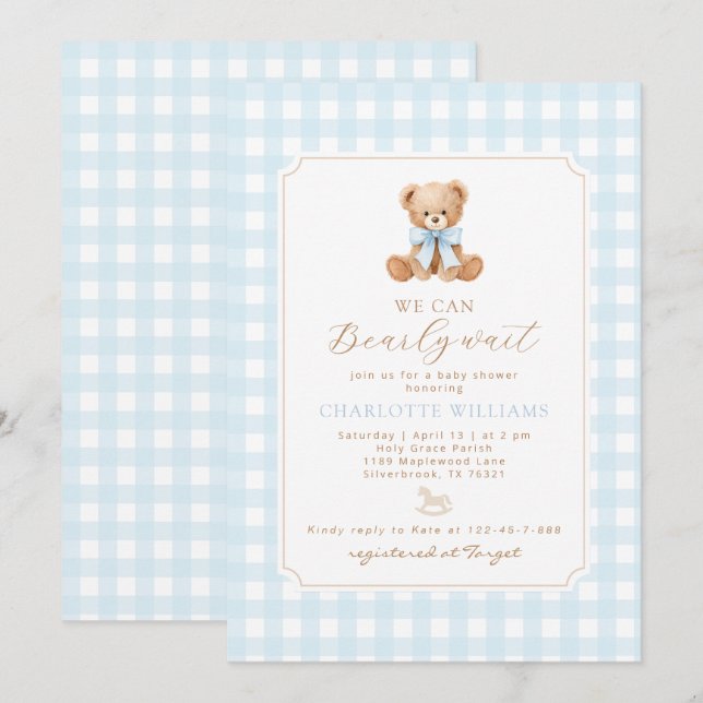 We can bearly wait Gingham teddy bear baby shower Invitation (Front/Back)