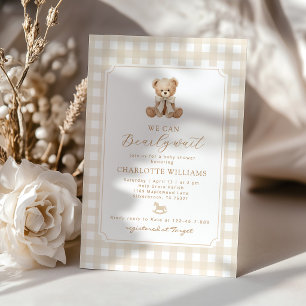  We can bearly wait Gingham teddy bear baby shower Invitation