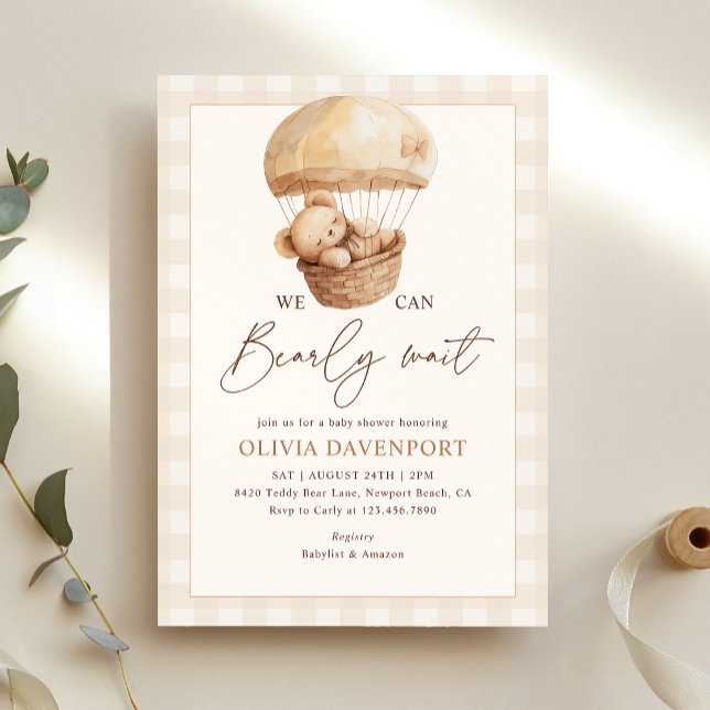 We Can Bearly Wait Gingham Teddy Bear Baby Shower Invitation (Creator Uploaded)