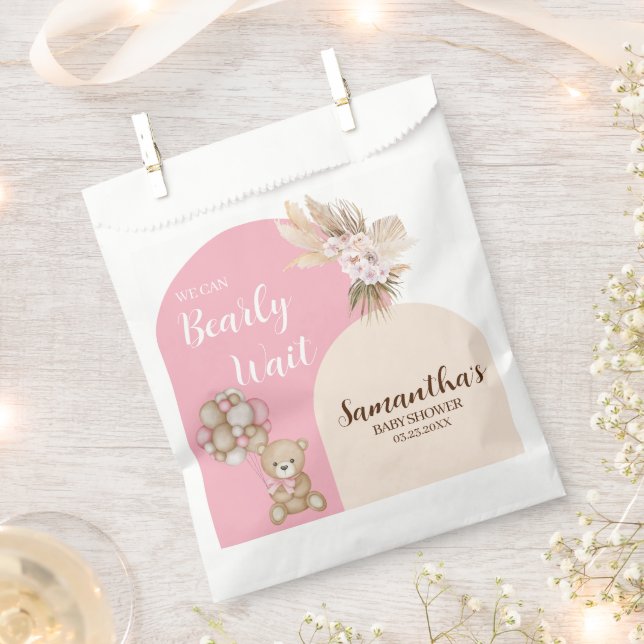 We Can Bearly Wait Girl Baby Shower Favor Bags (Clipped)