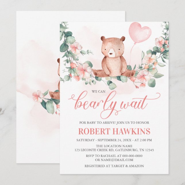 We Can Bearly Wait Girl Baby Shower Invitation (Front/Back)