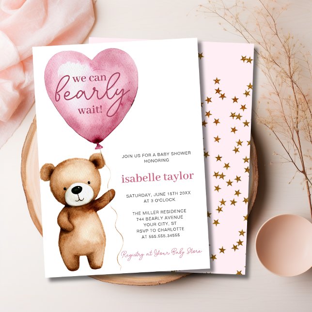 We Can Bearly Wait Girl Baby Shower Invitation (we can bearly wait, pink girl baby shower invitation 5 x 7)