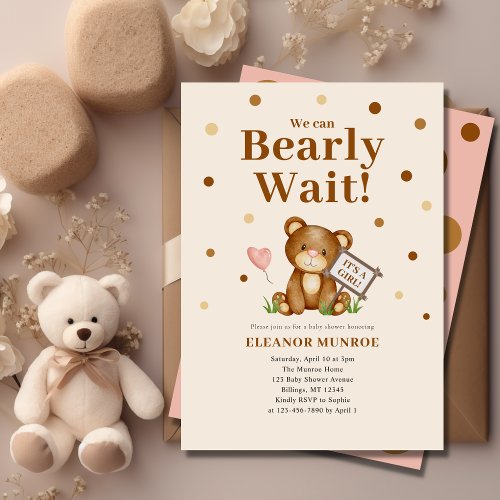 We Can Bearly Wait Girl Baby Shower  Invitation