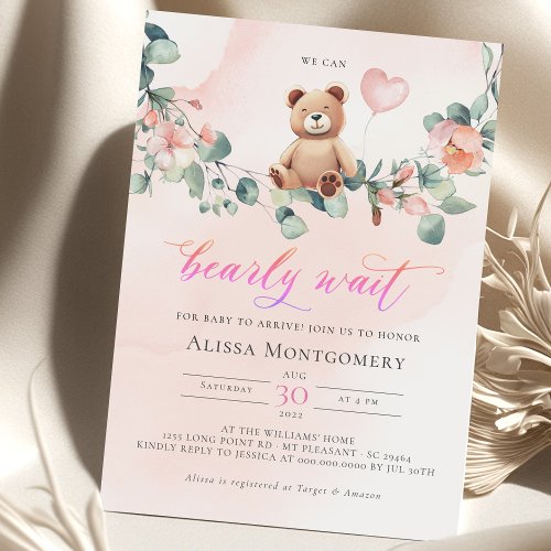 We Can Bearly Wait Girl Baby Shower Invitation
