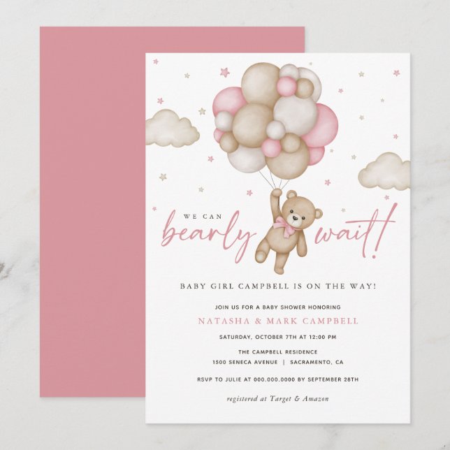 We Can Bearly Wait Girl Baby Shower Invitation (Front/Back)