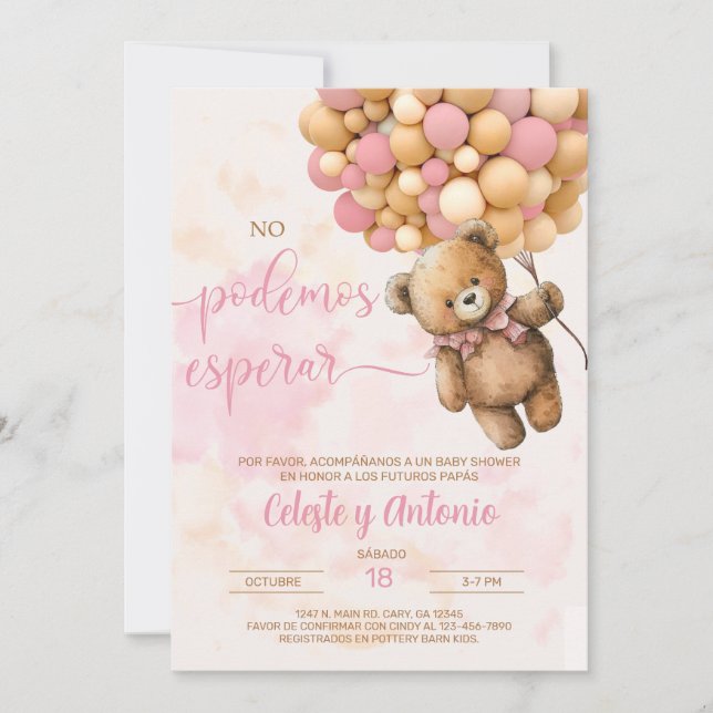 We can bearly wait girl baby shower invite Spanish (Front)