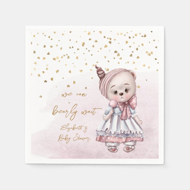 We Can Bearly Wait Girl Baby Shower Napkins (Front)