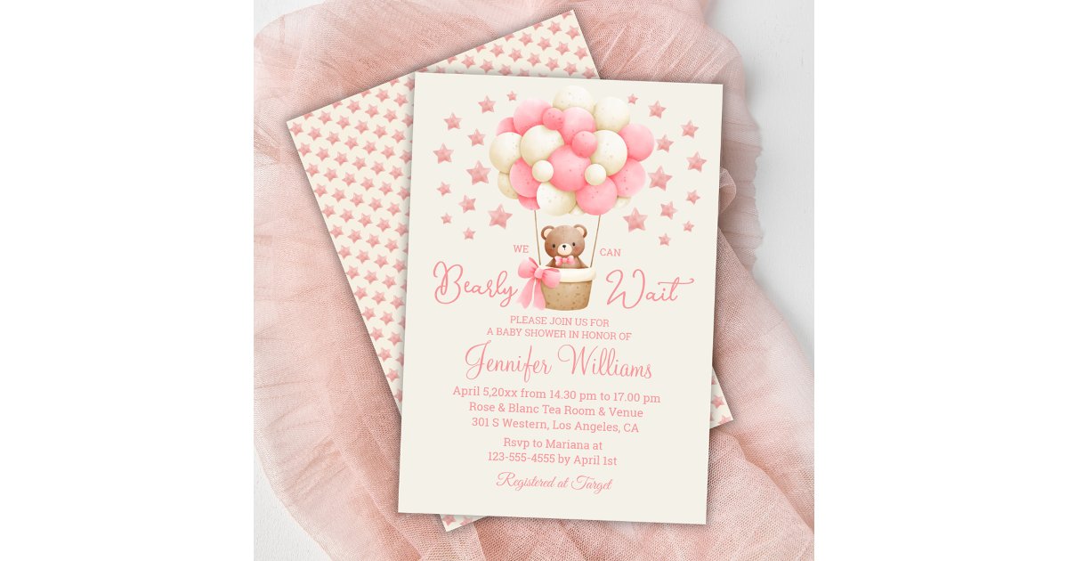 we can bearly wait, girl baby shower pink stars invitation | Zazzle