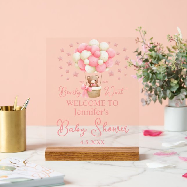 we can bearly wait, girl baby shower pink welcome acrylic sign (Wedding)