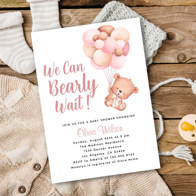 We Can Bearly Wait Girl Baby Shower Script Invitation | Zazzle