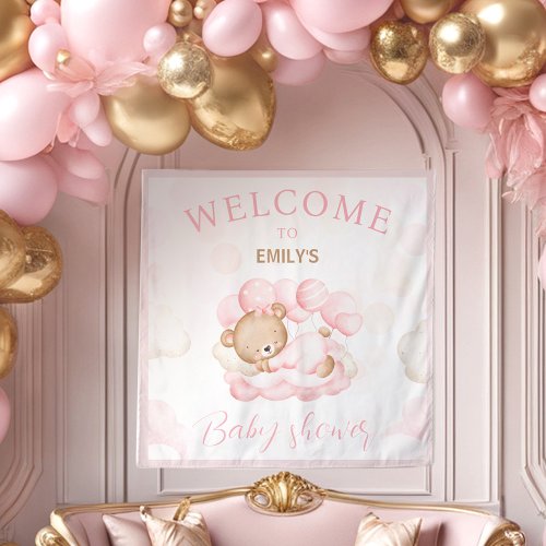 We Can Bearly Wait Girl Baby shower welcome sign Tapestry