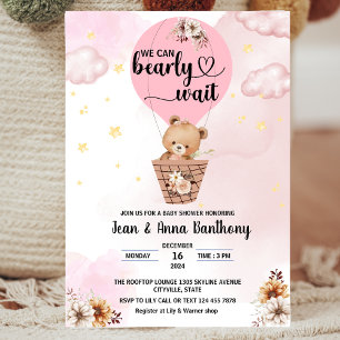 we can bearly wait girl cute bear baby shower invitation