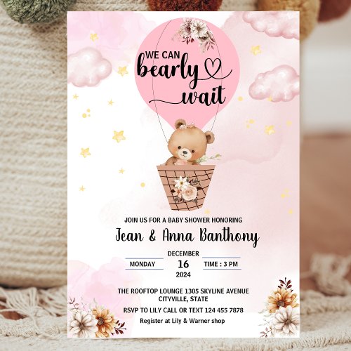 we can bearly wait girl cute bear baby shower invitation