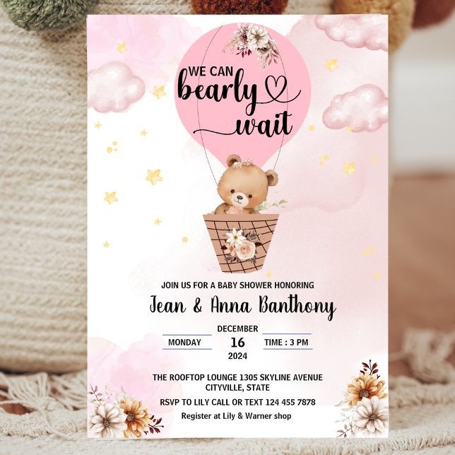 we can bearly wait girl cute bear baby shower invitation (Creator Uploaded)