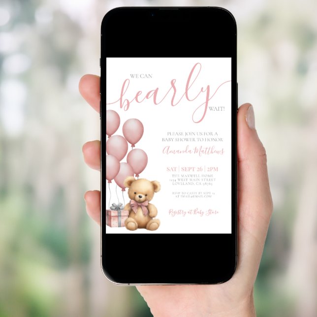 We Can Bearly Wait Girl Pink Bear Baby Shower Invitation (Front Digital)