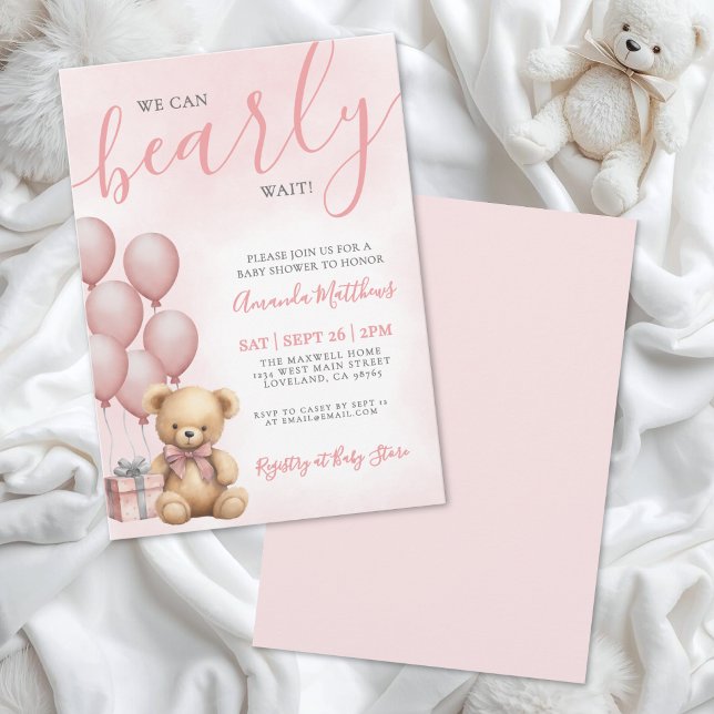 We Can Bearly Wait Girl Pink Bear Baby Shower Invitation (We Can Bearly Wait Girl Pink Bear Baby Shower Invitation )