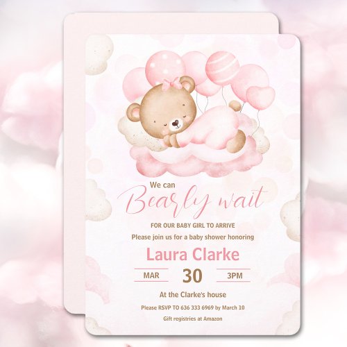 We Can Bearly Wait Girl pink Bear Baby Shower Invitation