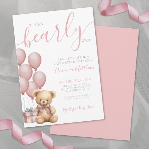 We Can Bearly Wait Girl Pink Bear Baby Shower