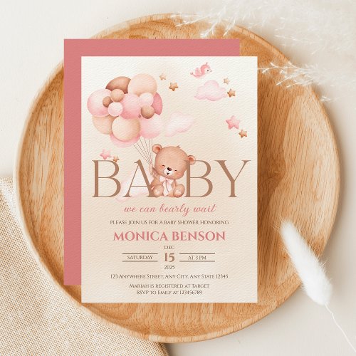 We Can Bearly Wait Girl Pink Beige Baby Shower Invitation
