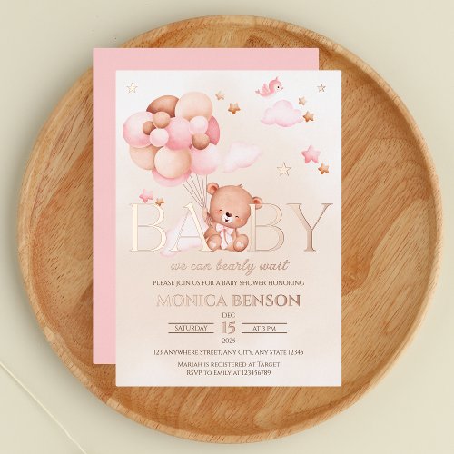 We Can Bearly Wait Girl Pink Beige Rose Gold Foil Invitation