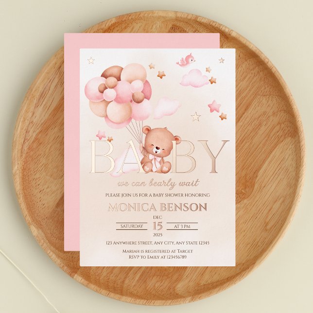 We Can Bearly Wait Girl Pink Beige Rose Gold Foil Invitation (Creator Uploaded)