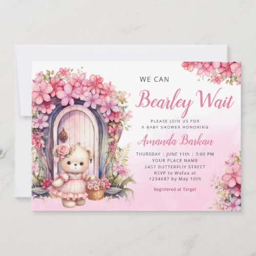 We Can Bearly Wait Girl pink Boho Baby Shower Invitation
