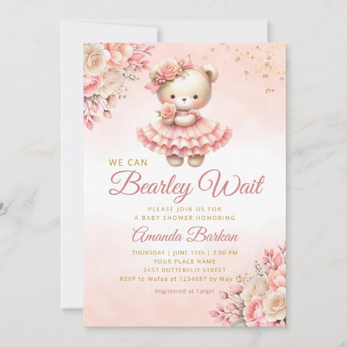 We Can Bearly Wait Girl Teddy Bear Baby Shower  Invitation