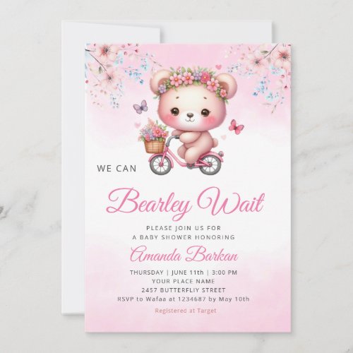 We Can Bearly Wait Girl Teddy Bear Baby Shower  Invitation