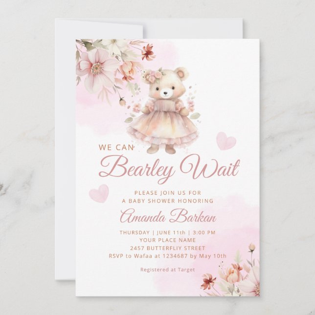 We Can Bearly Wait Girl Teddy Bear Baby Shower Invitation (Front)