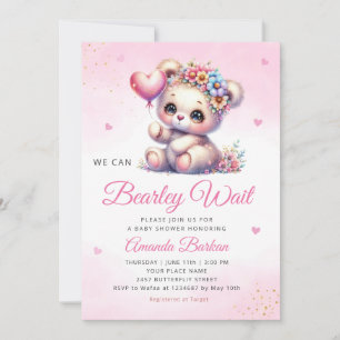 We Can Bearly Wait Girl Teddy Bear Baby Shower Invitation