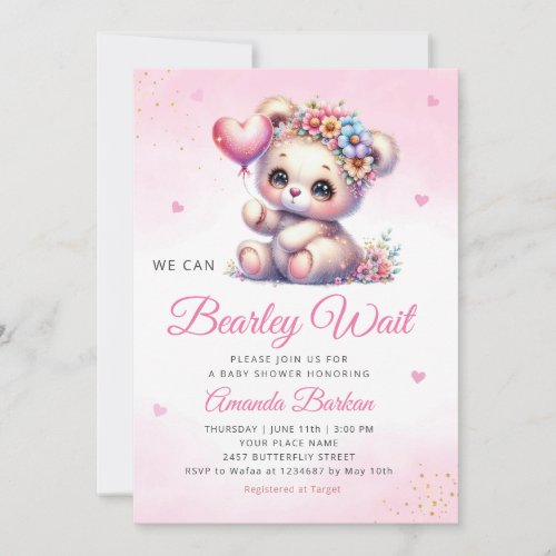 We Can Bearly Wait Girl Teddy Bear Baby Shower Invitation