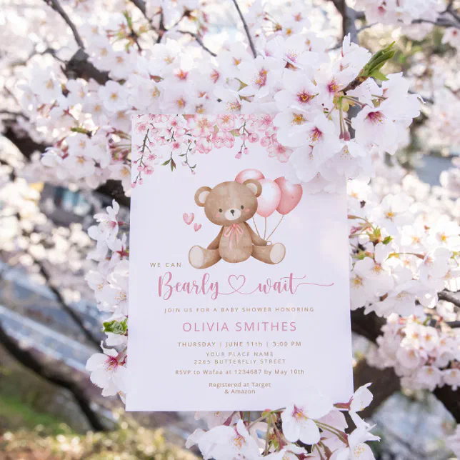 We Can Bearly Wait Girl Teddy Bear Baby Shower Invitation | Zazzle