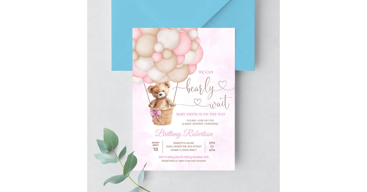 We Can Bearly Wait Girl Teddy Bear Baby Shower Invitation | Zazzle