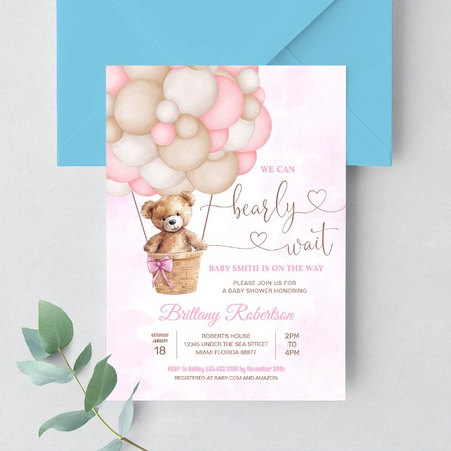 We Can Bearly Wait Girl Teddy Bear Baby Shower Invitation (Creator Uploaded)