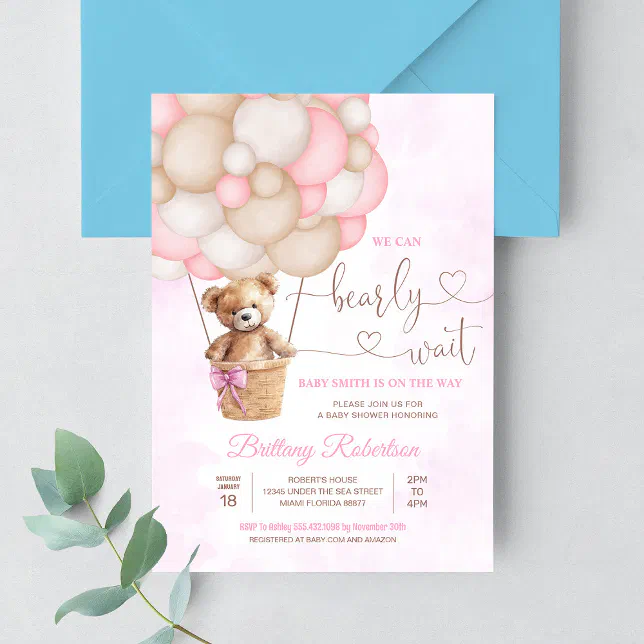 We Can Bearly Wait Girl Teddy Bear Baby Shower Invitation | Zazzle