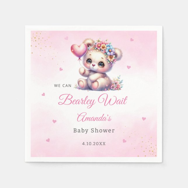 We Can Bearly Wait Girl Teddy Bear Baby Shower Napkins (Front)